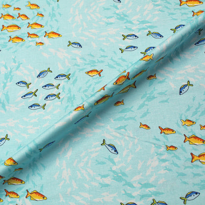 100% Cotton   Turquoise Blue Shoal of Fish Print Fabric