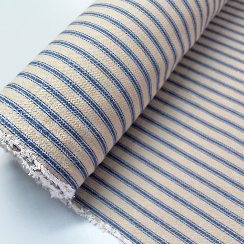 100% Cotton  Ticking Fabric - Taupe and Blue Stripe