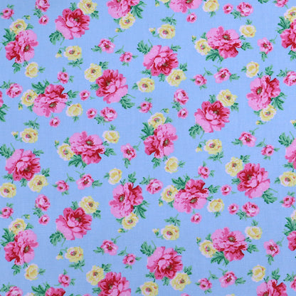100% Cotton Blue Floral Cotton Fabric with pink and yellow flowers