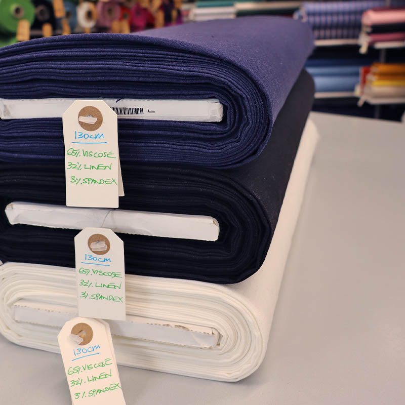 65% Viscose 32% Linen 3% Spandex
Stretch Linen and Viscose Fabrics in Navy Blue, Black & White