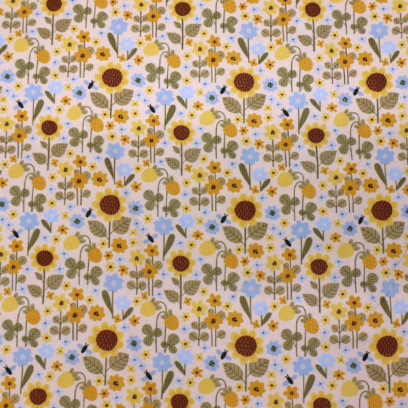 Cream Floral Needlecord Fabric - Yellow sunflowers