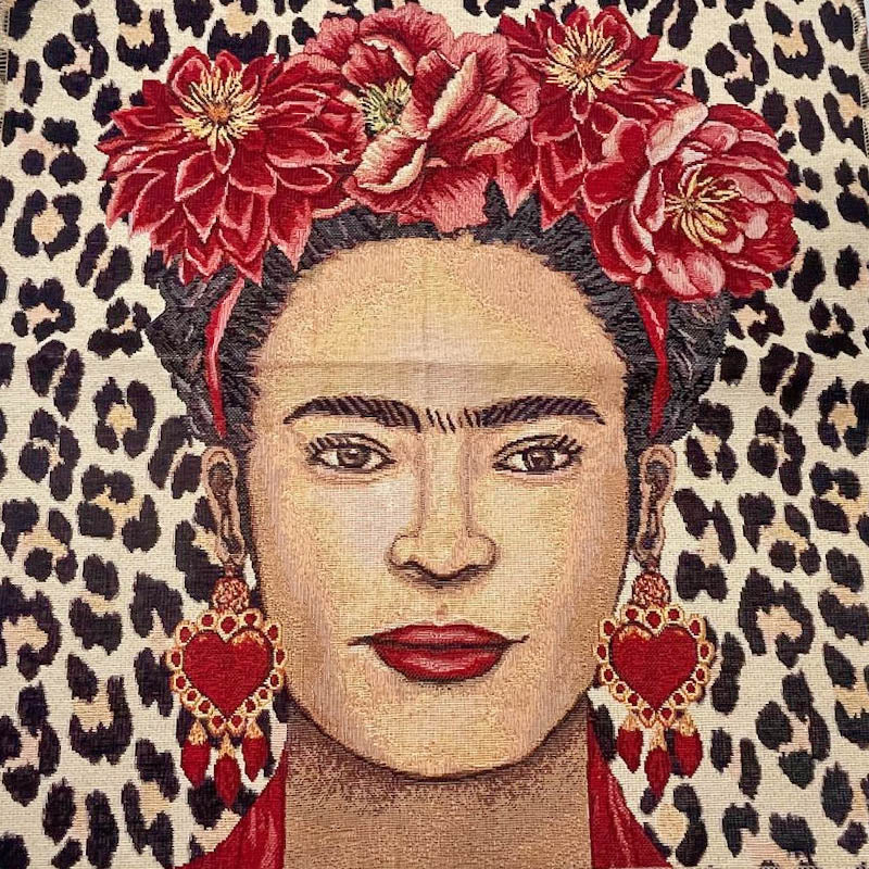 48% Cotton 36% Polyester 16% Polyacrylic Tapestry Panel Fabric - Frida Kahlo with Leopard Print