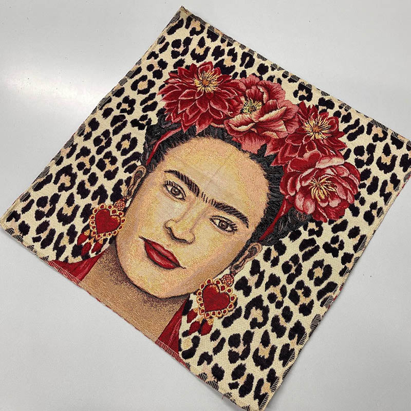 48% Cotton 36% Polyester 16% Polyacrylic Tapestry Panel Fabric - Frida Kahlo with Leopard Print