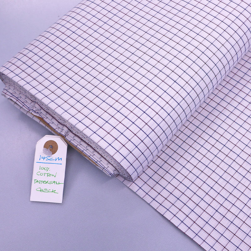 100% Cotton White Check Fabric - Navy Blue and Brown