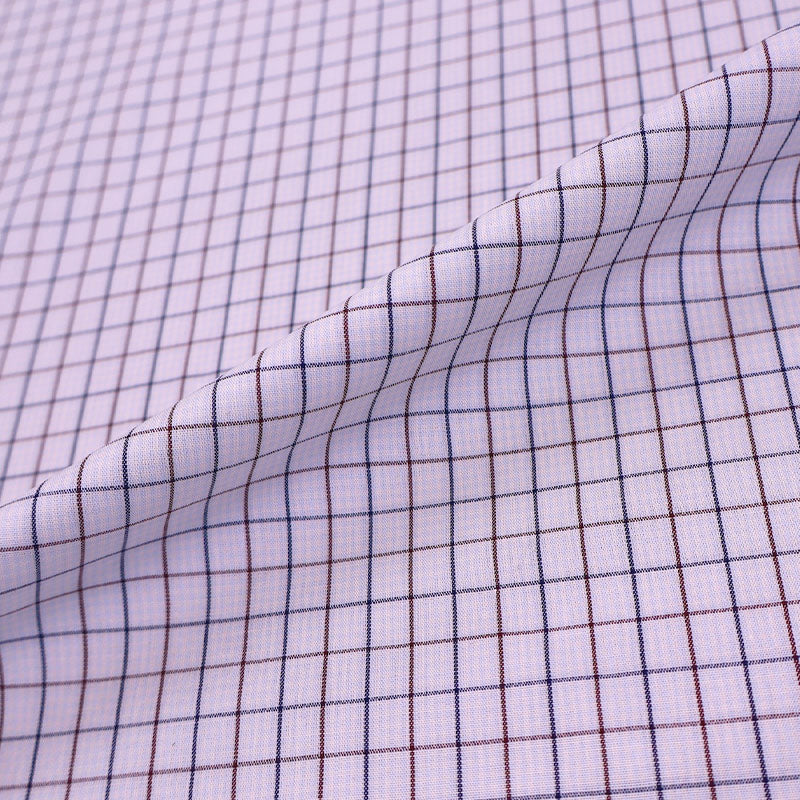 100% Cotton White Check Fabric - Navy Blue and Brown