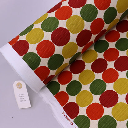100% Cotton Textured Cotton Bark Cloth - Yellow, Red & Green Spots