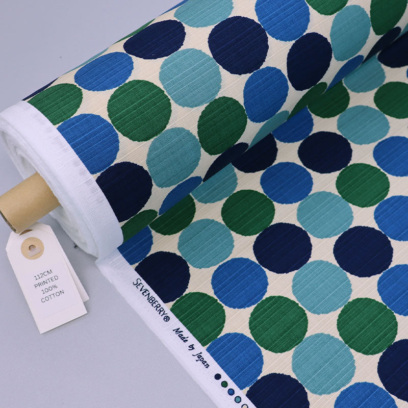 100% Cotton Textured Cotton Bark Cloth - Blue & Green Spots