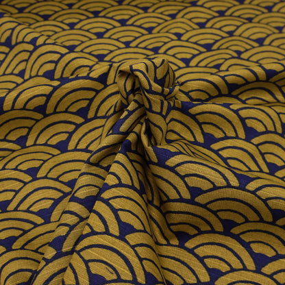 100% Cotton Bark Cloth - Mustard and Navy Geometric Wave Print