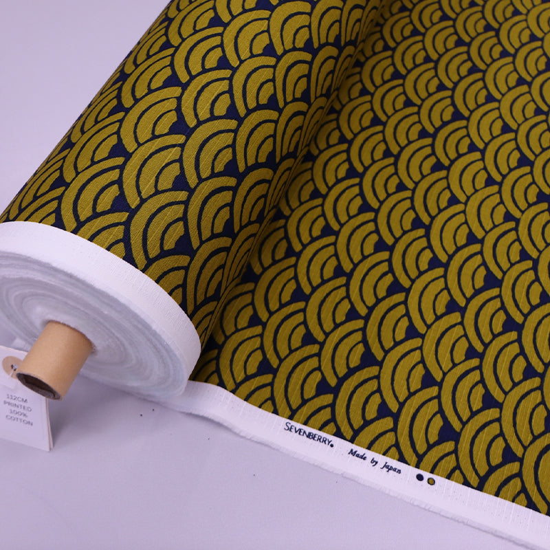 100% Cotton Bark Cloth - Mustard and Navy Geometric Wave Print
