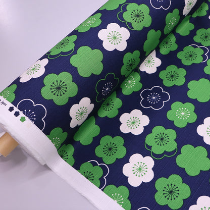 100% Cotton Bark Cloth - Navy, Green and White Mary Quant style Floral