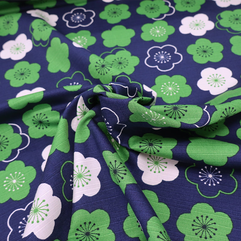 100% Cotton Bark Cloth - Navy, Green and White Mary Quant style Floral