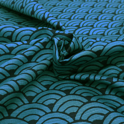 100% Cotton Bark Cloth - Petrol and Navy Wave Geometric Print