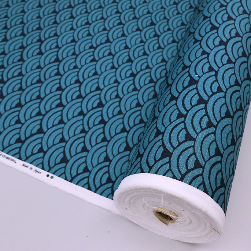 100% Cotton Bark Cloth - Petrol and Navy Wave Geometric Print