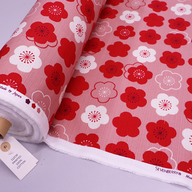 100% Cotton Bark Cloth - Pink and Red Modern Floral Mary Quant style