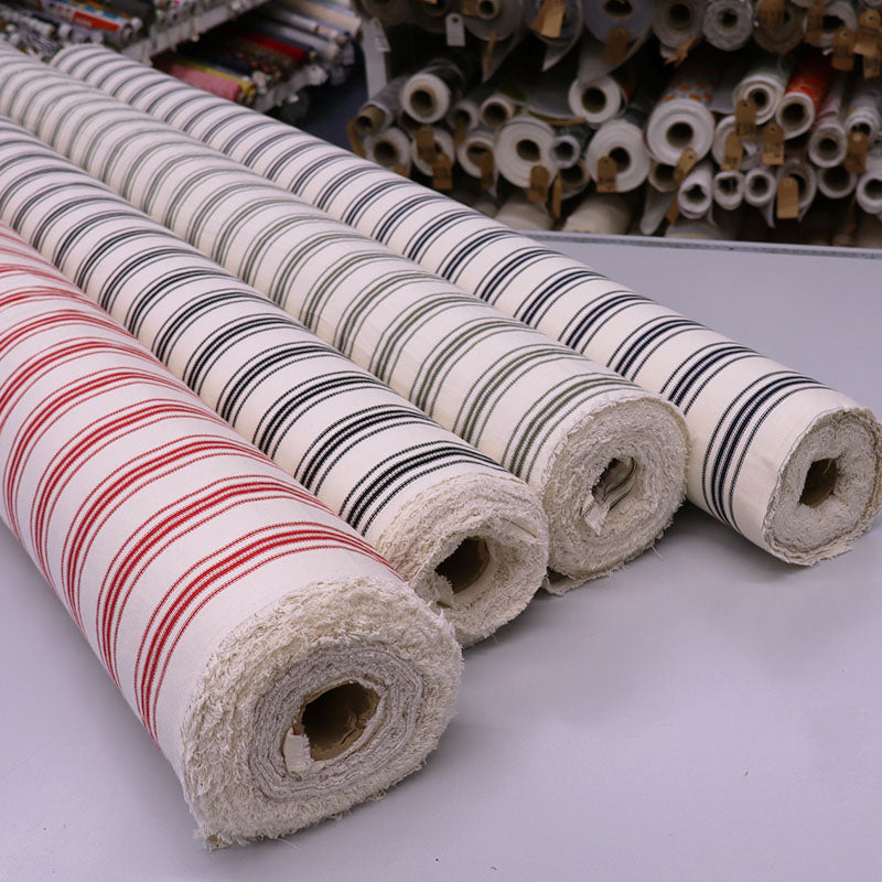100% Cotton Ticking Stripe Fabrics in Red, Navy, Black and Green on Cream