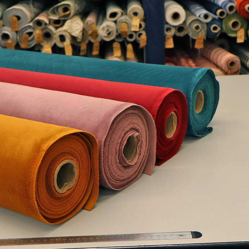 100% Polyester Velvet Fabrics in Gold, Heather, red and Petrol for furnishing and dressmaking