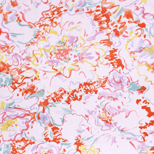 100% Cotton  vintage fabric featuring an abstract floral pattern in orange and lilac on a white background.