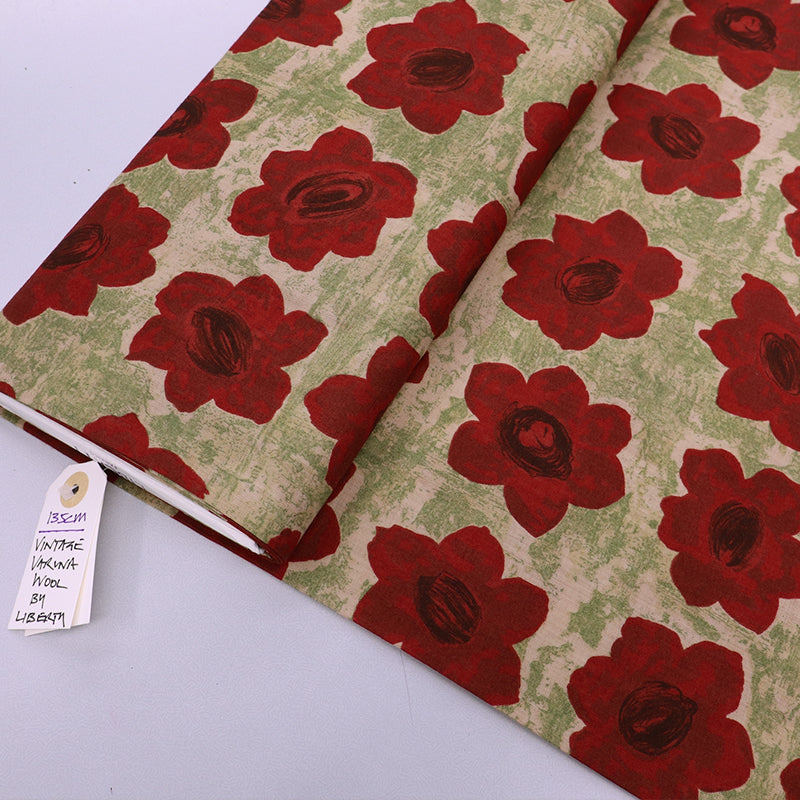 100% Wool Vintage Deadstock Liberty Varuna Wool Red Floral Fabric