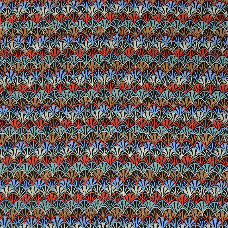 Black vintage fabric in 100% unlined quilted cotton with a multicoloured geometric print on a black background. 