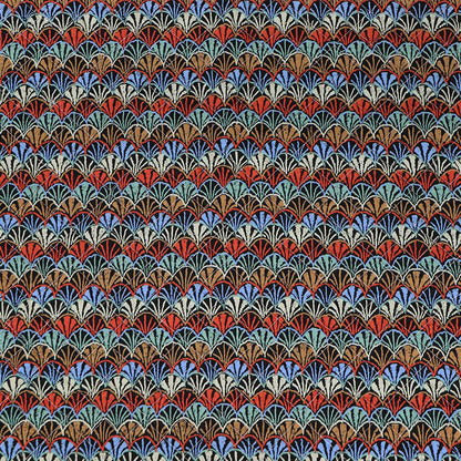 Black vintage fabric in 100% unlined quilted cotton with a multicoloured geometric print on a black background. 