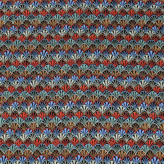 Black vintage fabric in 100% unlined quilted cotton with a multicoloured geometric print on a black background. 