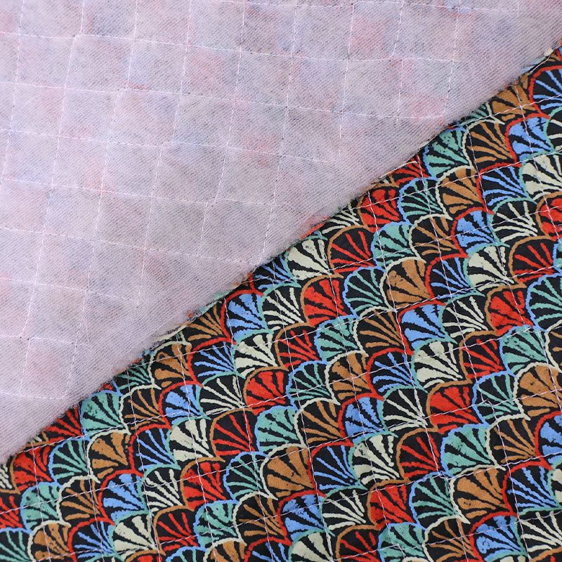 Black vintage fabric in 100% unlined quilted cotton with a multicoloured geometric print on a black background. 