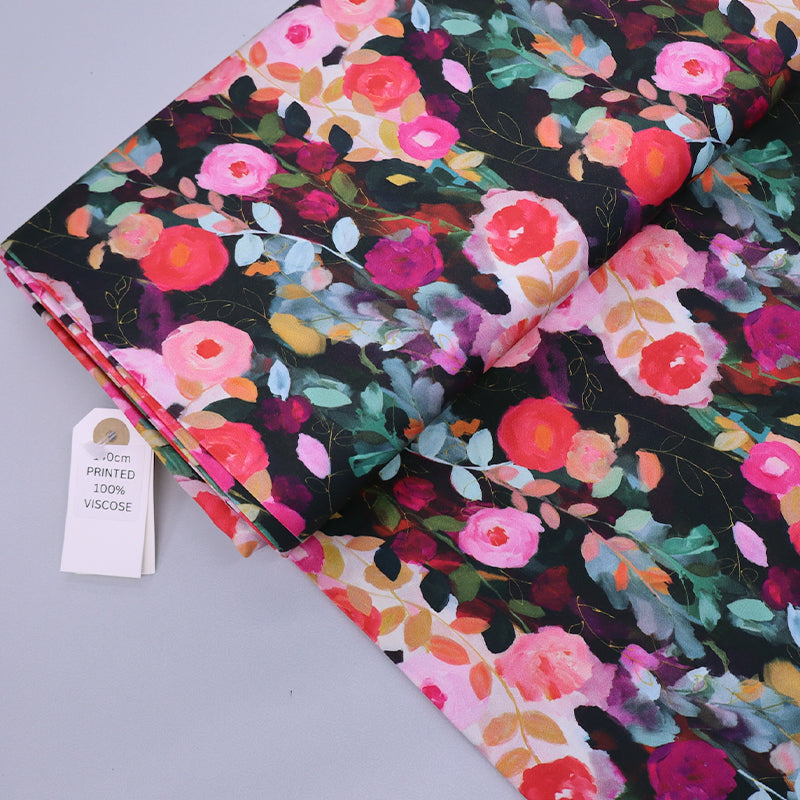 100% Viscose Black and Pink Floral Viscose Fabric