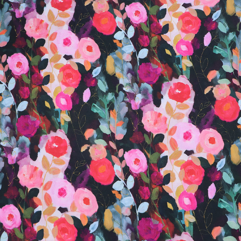100% Viscose Black and Pink Floral Viscose Fabric