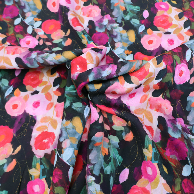 100% Viscose Black and Pink Floral Viscose Fabric