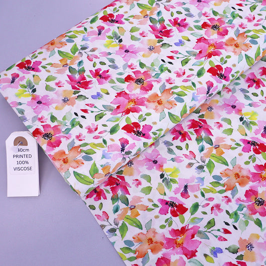 100% Viscose Fabric - Pink Floral Print on white