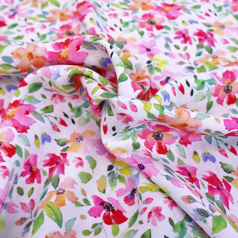 100% Viscose Fabric - Pink Floral Print on white