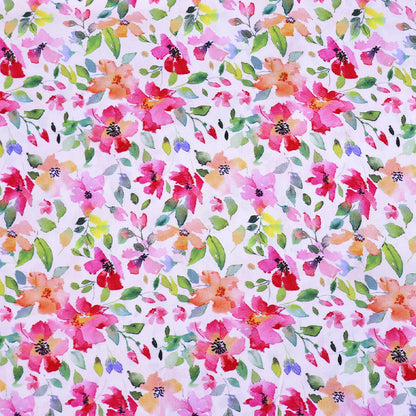 100% Viscose Fabric - Pink Floral Print on white