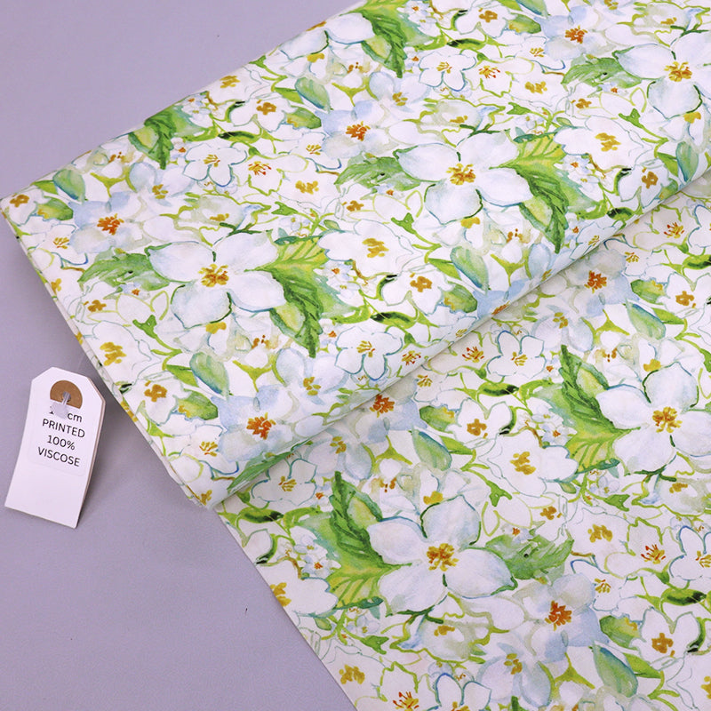 100% Viscose Fabric - White Blossom Print with green leaves