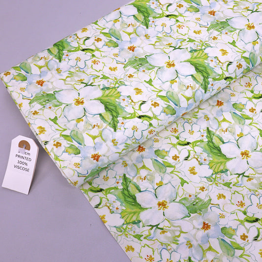 100% Viscose Fabric - White Blossom Print with green leaves