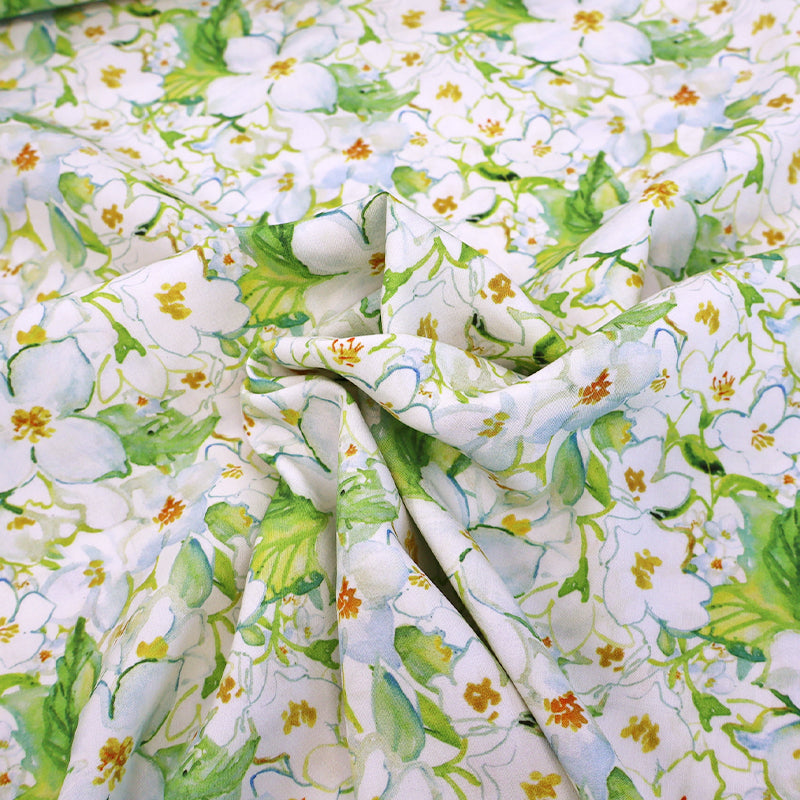 100% Viscose Fabric - White Blossom Print with green leaves