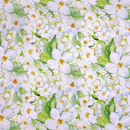 100% Viscose Fabric - White Blossom Print with green leaves