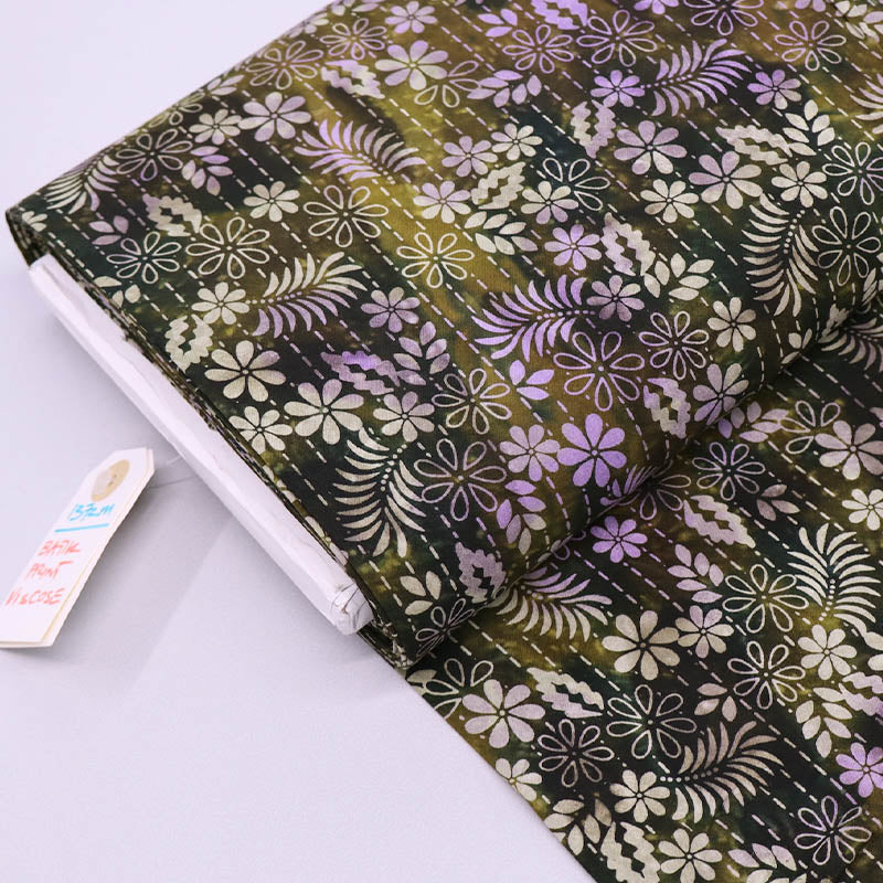 100% Viscose Batik Fabric - Green and Purple Floral