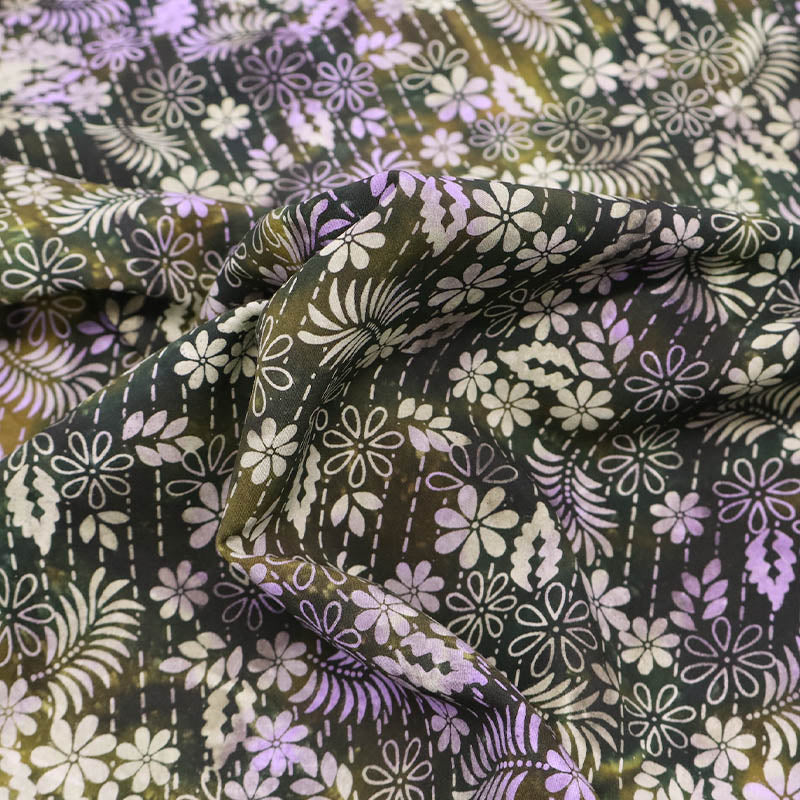 100% Viscose Batik Fabric - Green and Purple Floral