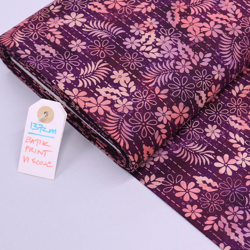 100% Viscose Batik Fabric - Pink and Purple Floral 