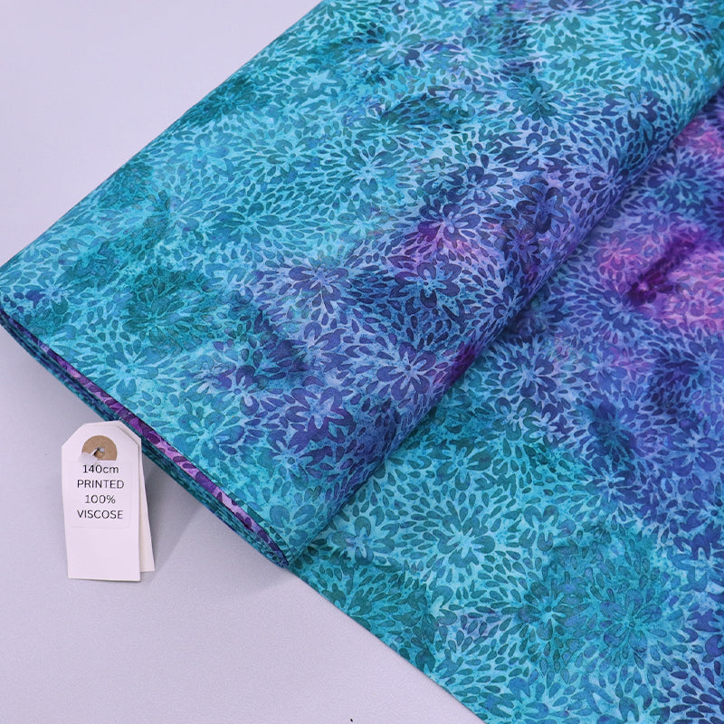 100% Viscose Purple and Blue Floral Batik Fabric