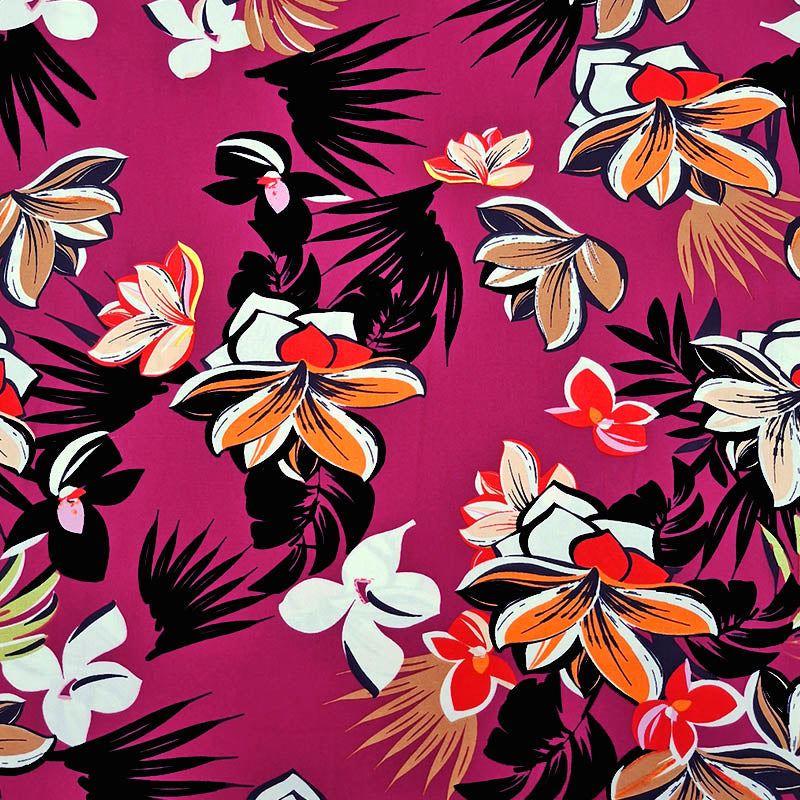 100% Viscose Tropical Floral Viscose Print on Pinkish Purple