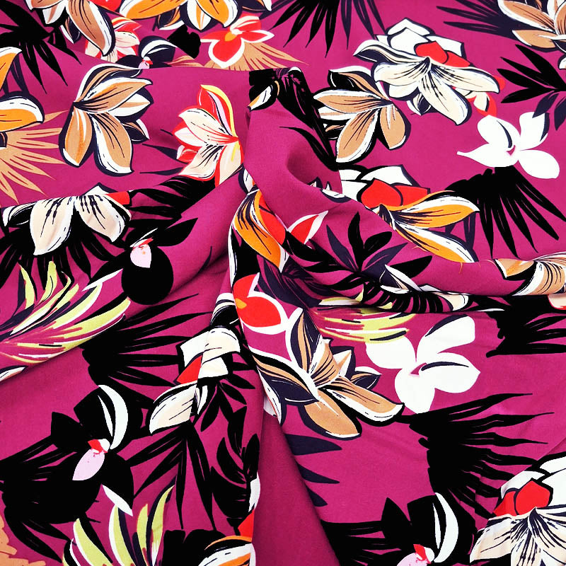 100% Viscose Tropical Floral Viscose Print on Pinkish Purple