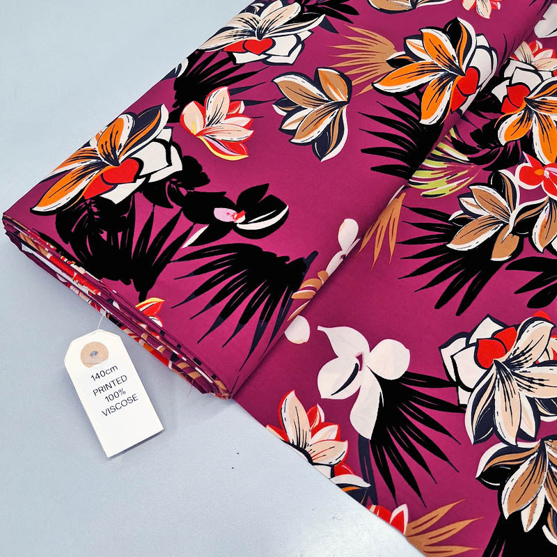 100% Viscose Tropical Floral Viscose Print on Pinkish Purple