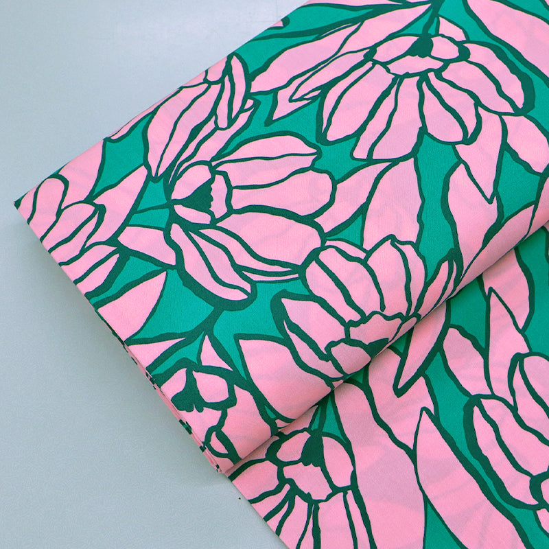 100% Viscose  Pink and Green Floral Fabric