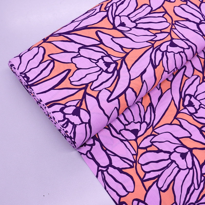 Tangerine and Lilac Floral 100% Viscose Fabric