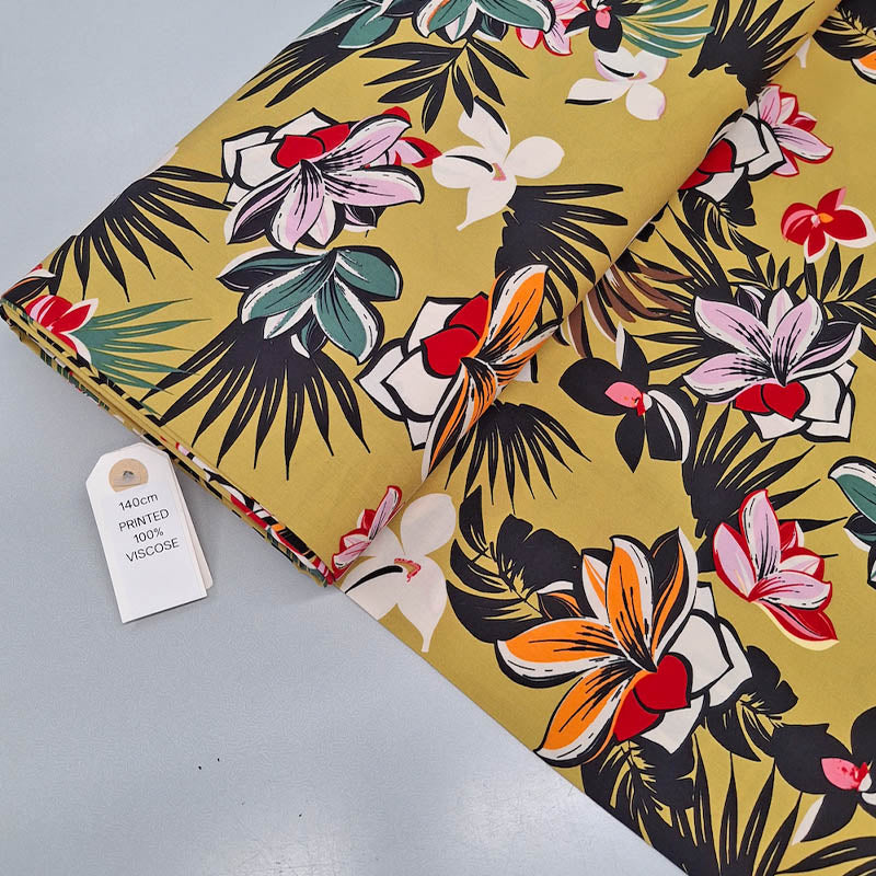100% Viscose Tropical Floral Viscose Fabric - Yellow