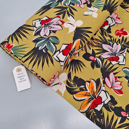 100% Viscose Tropical Floral Viscose Fabric - Yellow