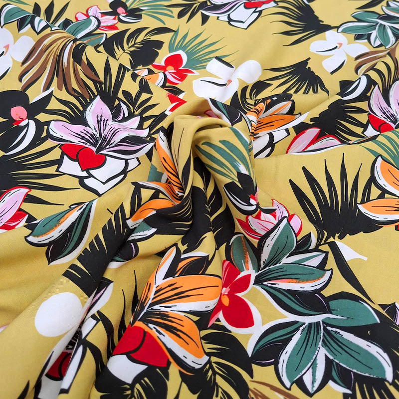 100% Viscose Tropical Floral Viscose Fabric - Yellow