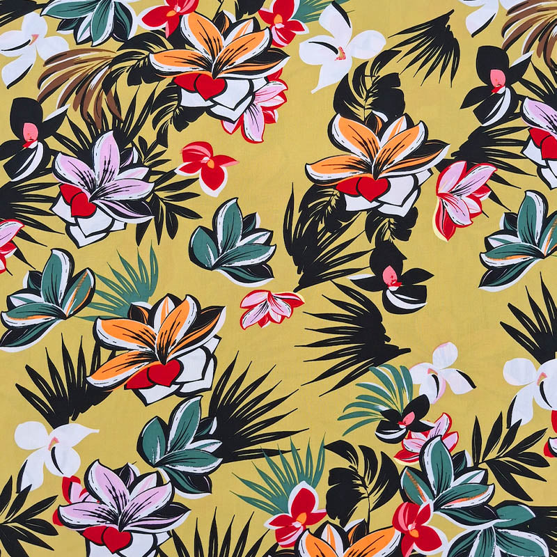 100% Viscose Tropical Floral Viscose Fabric - Yellow