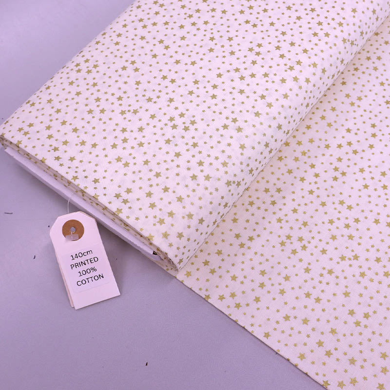 100% Cotton White Christmas Cotton Fabric - Gold Stars